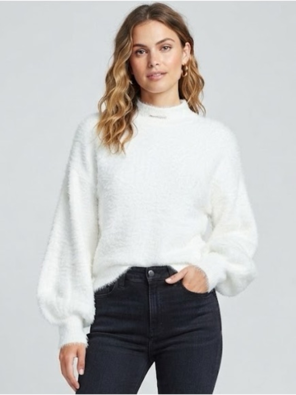 And Now This Mock Neck White Fuzzy Sweater with Balloon oversized sleeves size M